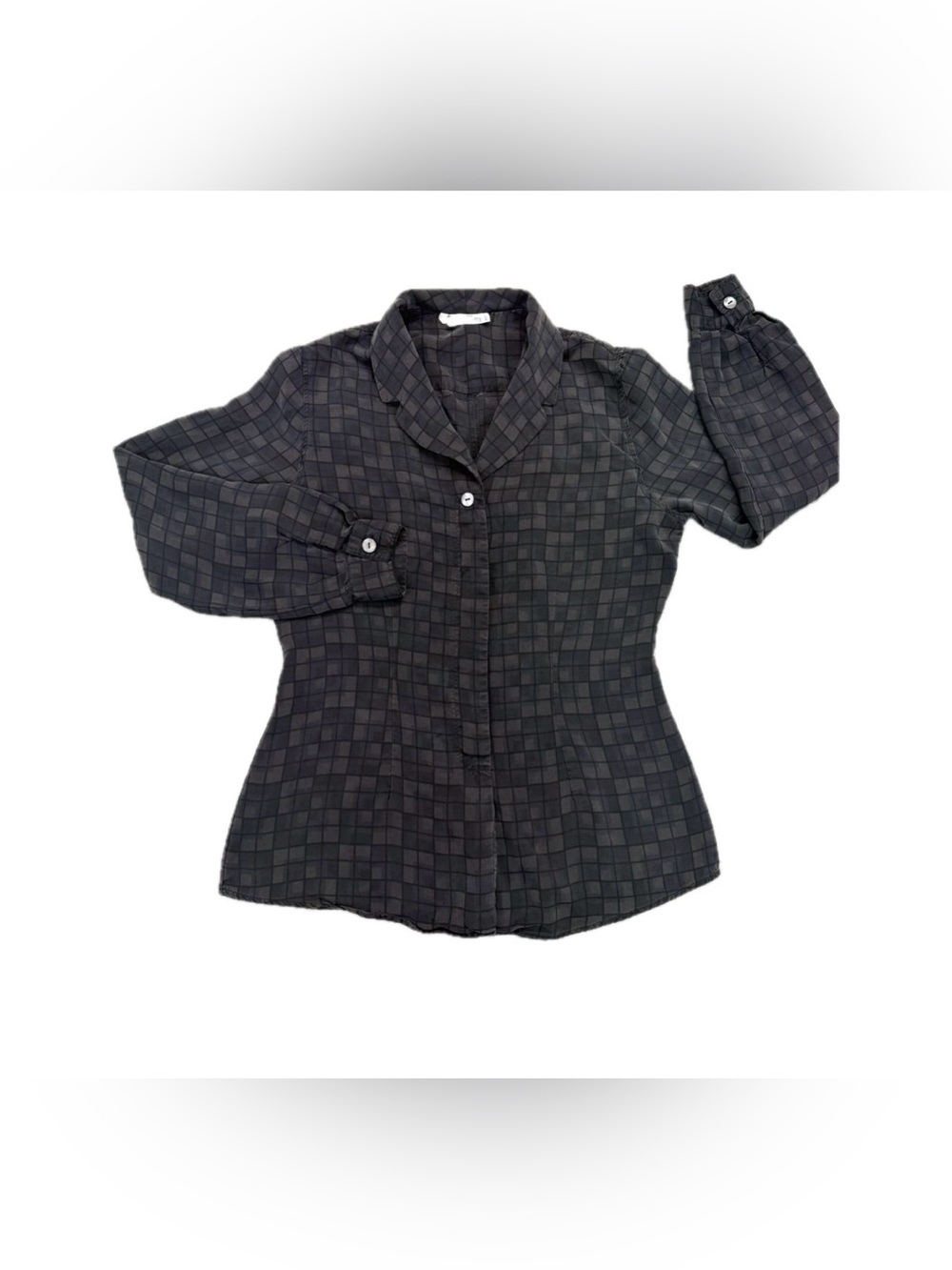 VTG Zanella Women’s Italy Button Down Blouse Charcoal Check Tailored Rayon SZ 10